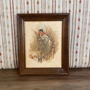 Vintage Wood Framed Print, Litho In USA, Lake Scene, Baby Ducks